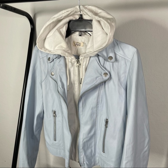 C’est Fini Pastel Powder Blue Leather Moto Jacket - Picture 3 of 9